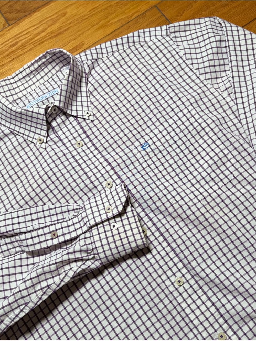 Southern Tide Men's White Button-Down Shirt with Purple Windowpane